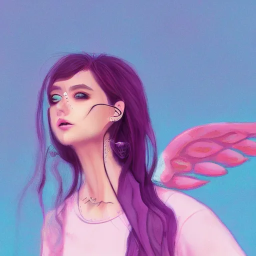 Prompt: portrait of a young woman, septum piercing, winged eyeliner, pastel clothing, urban environment, depth of field, character design, concept art