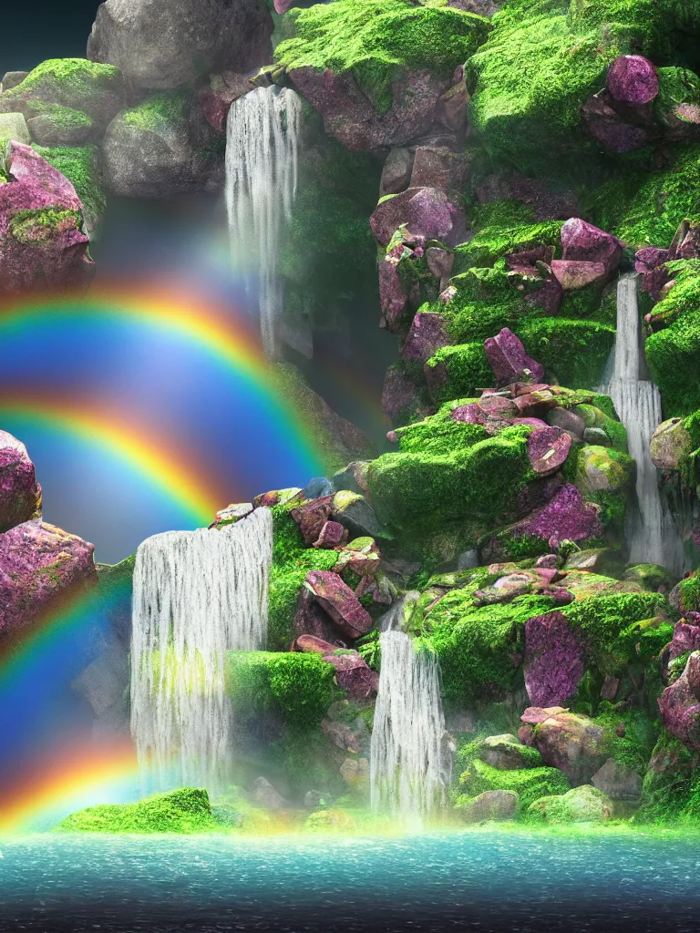 Image similar to artdeco illustration of waterfall cascading onto rocks, small rainbow emerging in background, ethereal, beautiful scenery, intricately meticulously detailed, amazing, glitter, 8 k render octane high definition