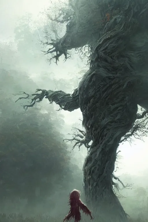 Image similar to a beautiful terrifying tree monster looms over a tiny human. at dawn, ethereal fantasy art by greg rutkowski