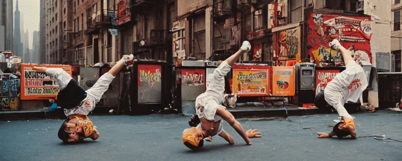 Image similar to 1 9 8 0's breakdancing next to a boombox made of spaghetti nyc, afternoon light, detailed, canon 2 0 mm, wes anderson, kodachrome