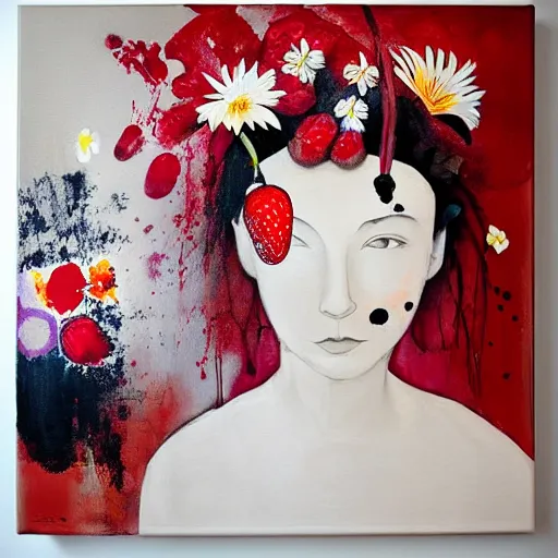 Image similar to “art in an Australian artist’s apartment, portrait of a woman wearing stained white cotton cloth, stained by fresh raspberries and strawberries and blueberries, white wax, edible flowers, Japanese pottery, Australian native white and red flowers ikebana, black walls, acrylic and spray paint and oilstick on canvas”