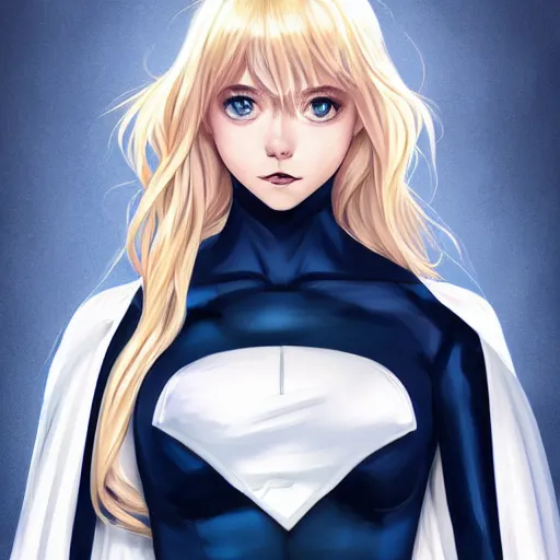 Prompt: a beautiful portrait of a beautiful cute kawaii superhero woman, blonde hair, matte navy - blue bodysuit, white cape, intricate, elegant, 8 k, highly detailed, digital painting, concept art, smooth, sharp focus, illustration, disney, anime, by artgerm and loish and wlop and alphonse mucha