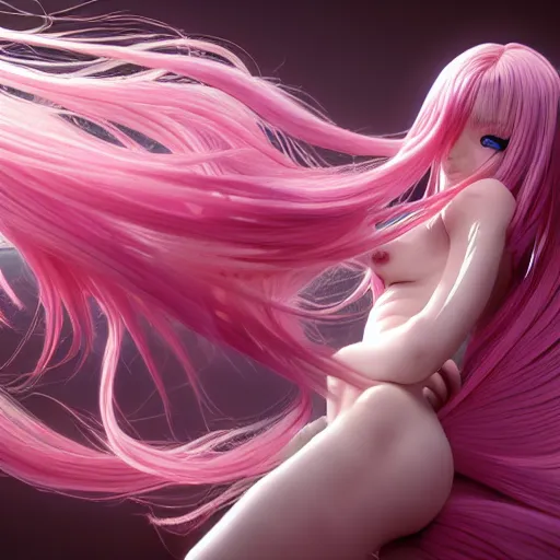 Image similar to hyperrealistic picture of a anime cat girl, stunning 3d render inspired art by P. Craig Russell and Barry Windsor-Smith, long flowing pink hair, pale skin, full body, confident pose, 8k octane beautifully detailed render, post-processing, extremely hyperdetailed, intricate, epic composition, grim yet sparkling atmosphere, cinematic lighting, masterpiece, trending on artstation, masterpiece