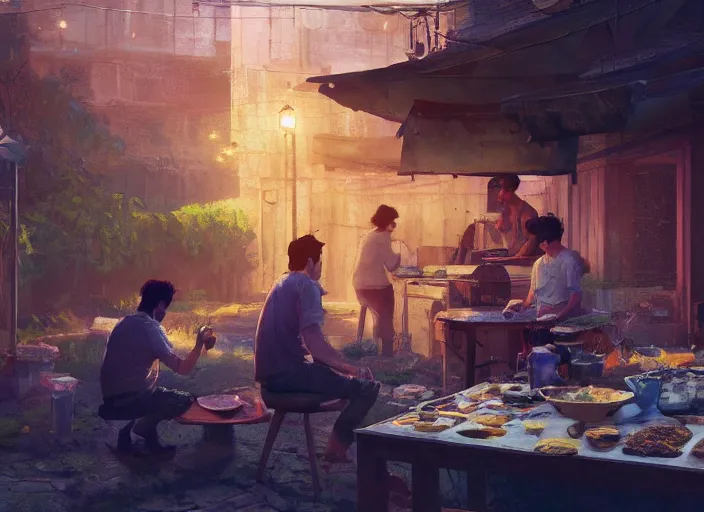 Image similar to three guys in night at the yard speaking while grilling kebabs and one guy playing guitar, light bulbs, painting by Craig Mullins, octane rendering, soft morning lighting, wide angle lens, in the style of Hayao Miyazaki, trending on artstation,