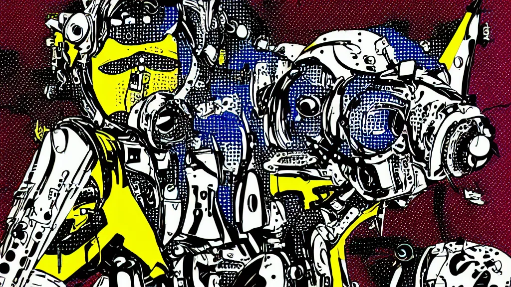 Image similar to cyber - dog futuristic japanese cyberpunk by roy lichtenstein, by andy warhol, ben - day dots, pop art, bladerunner, pixiv contest winner, cyberpunk style, cyberpunk color scheme, mechanical, high resolution, hd, intricate detail, fine detail, 4 k