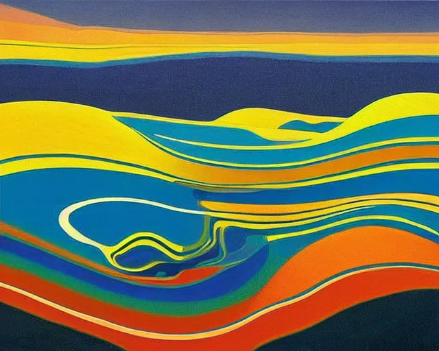 Prompt: A wild, insane, modernist landscape painting. Wild energy patterns rippling in all directions. Curves, organic, zig-zags. Saturated color. Mountains. Clouds. Rushing water. Waves. Sci-fi dream world. Wayne Thiebaud. Lisa Yuskavage landscape.