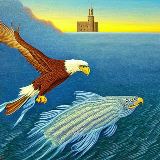 Image similar to A beautiful painting of eagle flying the sky and fish in the shallows, by Rob Gonsalves