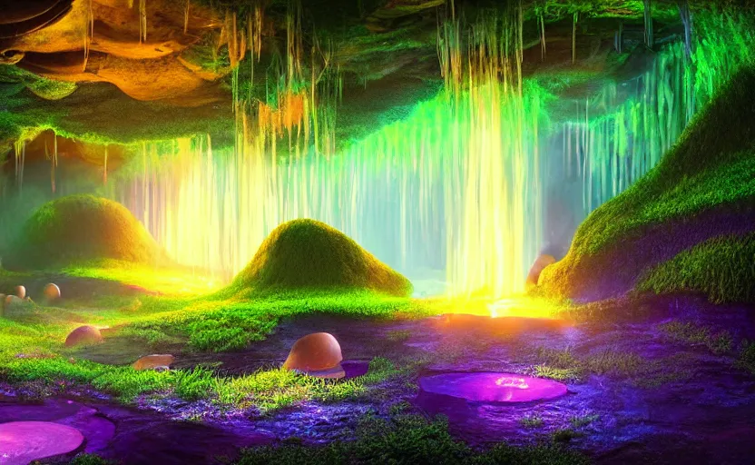 Image similar to a beautiful and stunning professional digital artwork of a glowing mushroom cave, haze, spores floating in the air, waterfall, volumetric lighting, hyperrealistic, green, blue, rtx on, ultra detail