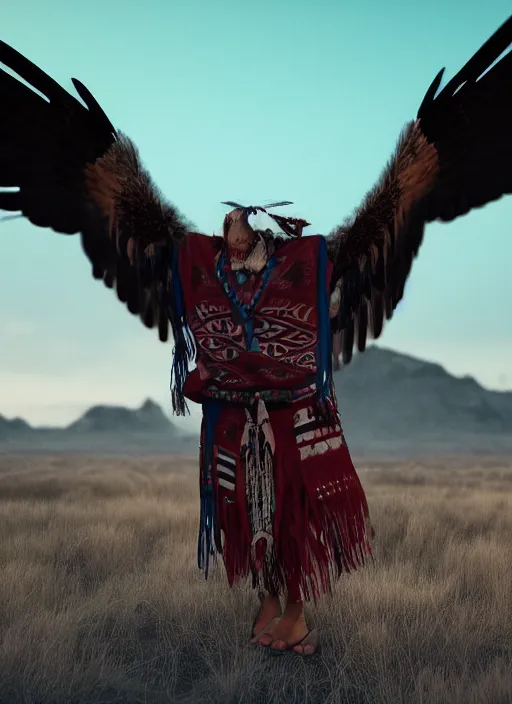 Image similar to Navajo shaman morphing into an eagle during a Sundance, realistic, cinematic, octane render