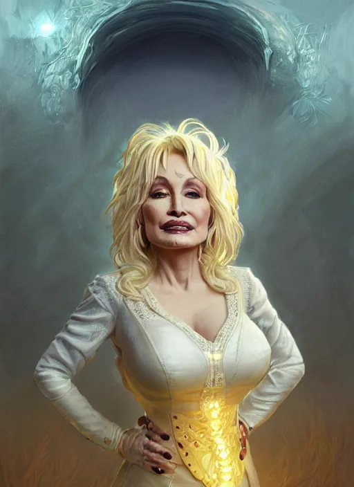 Image similar to Portrait of Dolly Parton, white glowing eyes, fantasy, extremely detailed, digital painting, artstation, concept art, smooth, sharp focus, illustration, stunning lighting, art by artgerm and greg rutkowski and alphonse mucha and simon stalenhag, realistic character concept, high fantasy, light atmosphere, golden ratio, cinematic lighting, hyperdetailed, high resolution, insanely detailed and intricate, artstation, Marc Simonetti, Greg Rutkowski, 8k