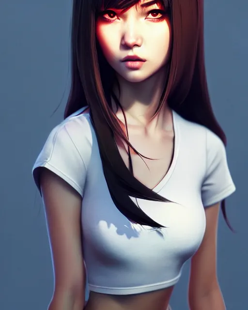 Image similar to full 1 2 0 mm face shot of a beautiful kazakh girl, in tshirt, furious, by saruei and guweiz and ilya kuvshinov and george miller, digital art, highly detailed, intricate, sharp focus, trending on artstation hq, deviantart, pinterest, unreal engine 5, 4 k uhd image