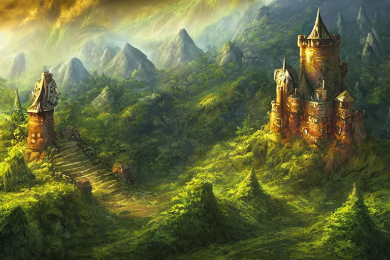 Image similar to cell shaded image of a fantasy single small castle, highly detailed, on lush green hills with a forest in the background, digital illustration, by Tony Sart, by Anato Finnstark