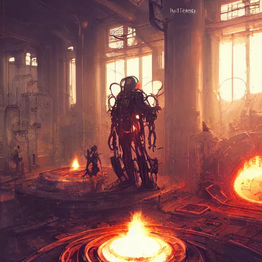 Image similar to adeptus mechanicus techpriest at a forge, by cedric peyravernay and feng zhu, highly detailed, excellent composition, cinematic concept art, dramatic lighting, trending on artstation