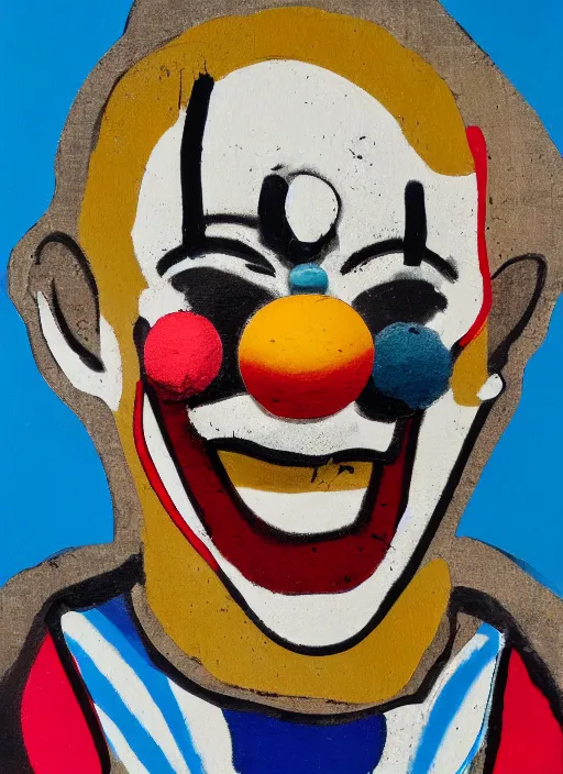 Prompt: clown, asymmetric, enamel paint, covered with dust, brushstroke marks, draft, sloppy strokes