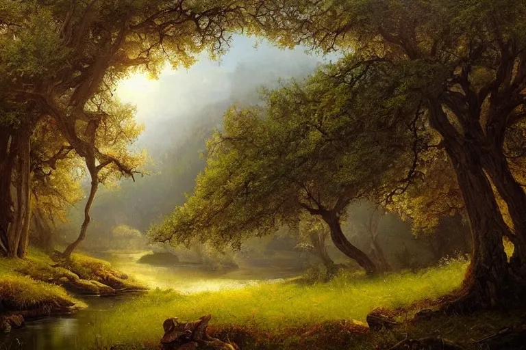 Image similar to masterpiece painting of oak trees on a hillside overlooking a creek, dramatic lighting, by jonas de ro