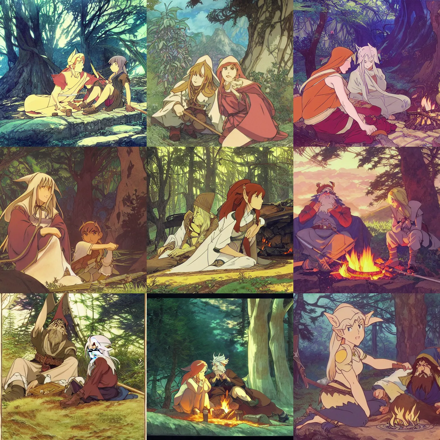 Prompt: An elven mage and a dwarven warrior resting by a campfire, fantasy, defined facial features, highly detailed, animation cel, official Kyoto Animation and Studio Ghibli anime screenshot, by Makoto Shinkai and Alphonse Mucha