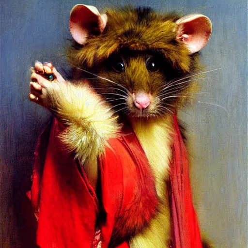 Image similar to a portrait of a furry rat wearing a red kimono, hairy, furry body, furry arms, feet, tail. highly detailed painting by gaston bussiere, craig mullins, j. c. leyendecker, furry