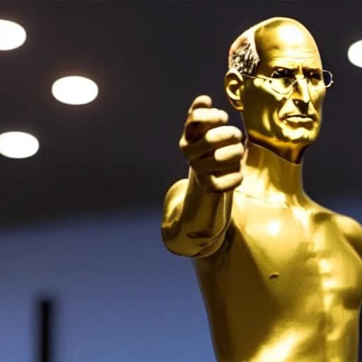 Prompt: a golden statue representing steve jobs at the last iphone presentation, realistic photography