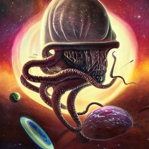 Image similar to painting of ian mckellen as terrorist from jupiter fighting an alien invasion in deep space, the aliens have long thick slimey amorphous tentacles, highly detailed, award painting, 8 k, alien landscape