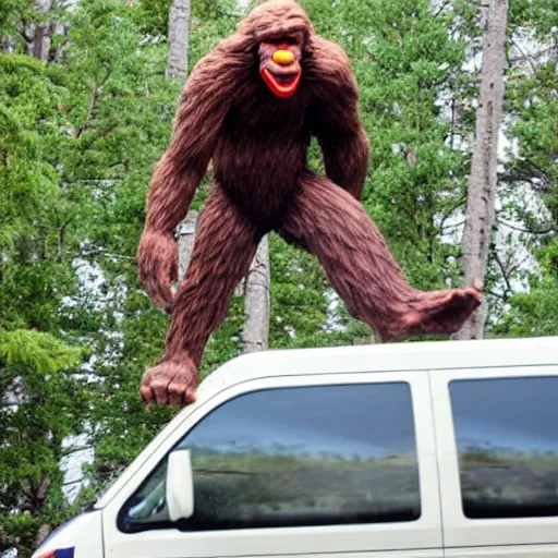 Image similar to bigfoot stomping on top of roof of clown van