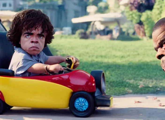 Image similar to peter dinklage racing gary coleman driving a little tikes cars, movie still, from the new fast and furious movie, 8 k, realistic