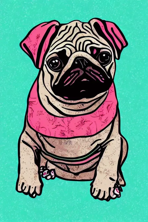 Prompt: portrait of a flower rambo pug, art by milka oxana, sticker, colorful, illustration, highly detailed, simple, smooth and clean vector curves, no jagged lines, vector art, smooth