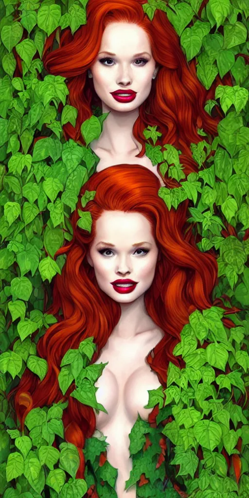 Prompt: beautiful Madelaine Petsch poison ivy DC comics, evil smile, full body green dress, realistic character concept, fun pose, comic book, illustration, slender symmetrical face and body, surrounded by vines flowers and plants, artstation, cinematic lighting, hyperdetailed, high resolution, Charlie Bowater, Tom Bagshaw, single face, insanely detailed and intricate, beautiful