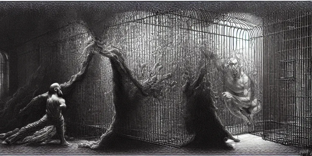 Image similar to a man trapped in a cage, interdimensional forcefield, aura, fear, detailed painting by painting by by gene wolfe, by gustave dore