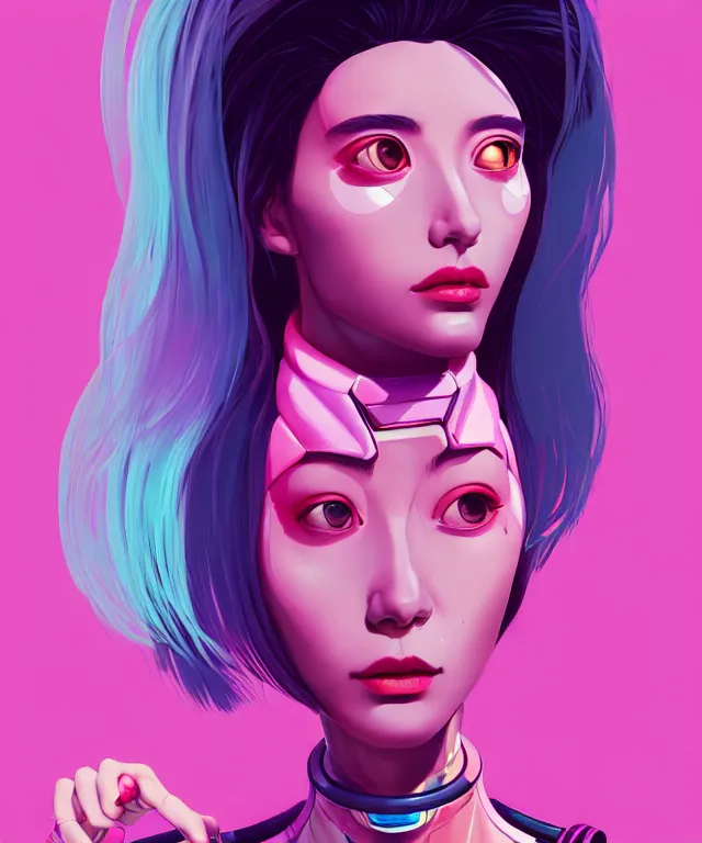 Prompt: beautiful portrait of momo from twice as a sci fi woman, with chaotic vaporwave aesthetic half human half robot, concept art by james gilleard, artstation, cgsociety, synchromism, 8 0 s animation flat cell shaded. with thick black pencil lines!!!!