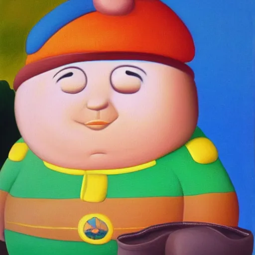 Prompt: a fernando botero painting of eric cartman, oil on canvas, art