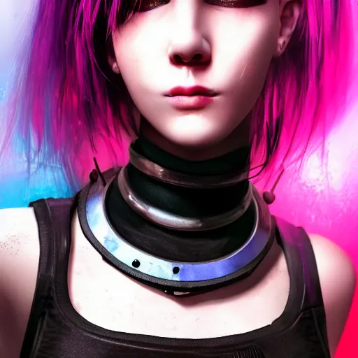 Image similar to detailed realistic cyberpunk female character cyberpunk wearing large steel collar around neck, realistic, art, beautiful, 4K, collar, choker, collar around neck, punk, artstation, detailed, female, woman, choker, cyberpunk, neon, punk, collar, choker, collar around neck, thick collar, choker around neck, wearing choker, wearing collar, bright neon punk hair, collar, choker,