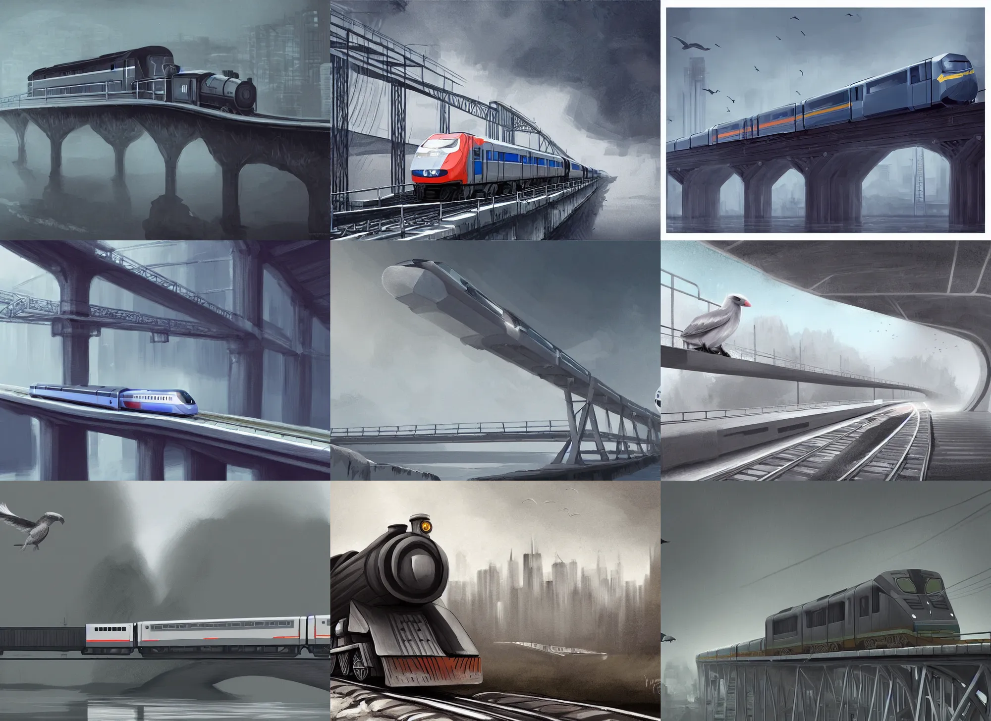 Prompt: a modern train on a bridge, a giant grey bird next to it, high quality, digital painting, artstation, mysterious