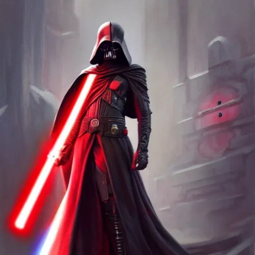 Image similar to Cristoph Waltz as a Sith Lord with red light saber and in power armor, western, D&D, fantasy, intricate, elegant, highly detailed, digital painting, artstation, concept art, matte, sharp focus, illustration, art by Artgerm and Greg Rutkowski and Alphonse Mucha