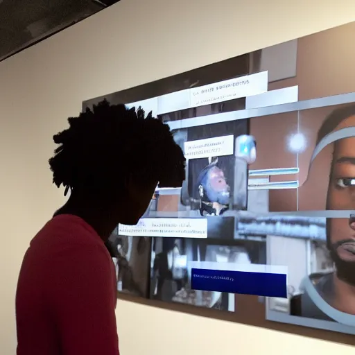 Image similar to art curator looking at a screen with a chat interface, recursive, in the style of grand chamaco and stanley kubrick, inspired by kendrick lamar, photorealistic, epic, super technical, cinematic still