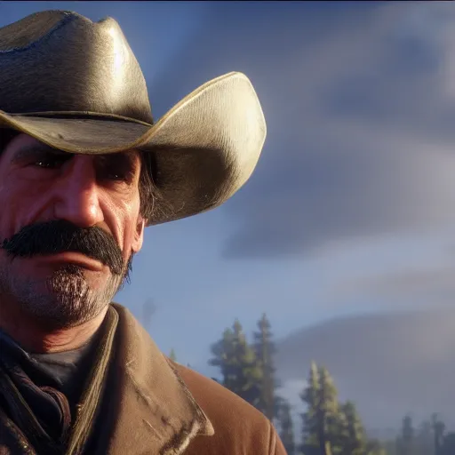 Prompt: Film still of Luigi, from Red Dead Redemption 2 (2018 video game)