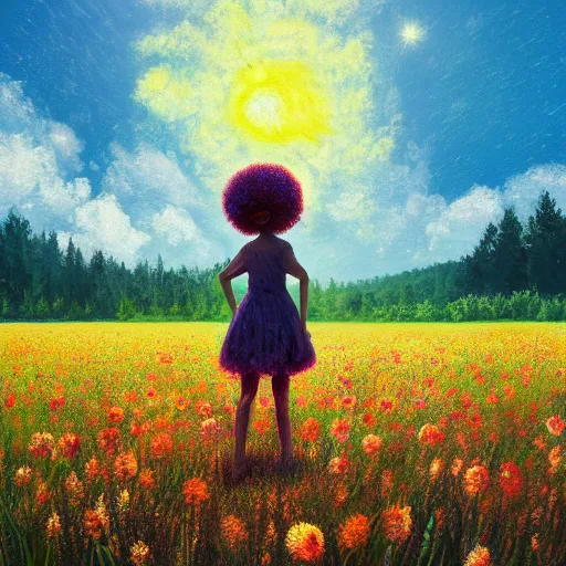 Prompt: girl with flower afro, standing in a field with flowers, surreal photography, hills, big trees, sunrise dramatic light, impressionist painting, colorful clouds, digital painting, pointillism, artstation, simon stalenhag