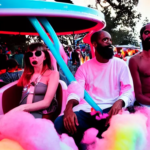 Image similar to death grips riding tilt - a - whirl at a carnival, eating cotton candy, mc ride, zach hill, andy morin,