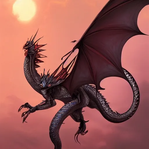 Image similar to queen dragon from Dragonriders of Pern, flying through sunset, art, fantasy, intricate, elegant, highly detailed, digital painting, trending on artstation, concept art, smooth, sharp focus, hyperrealistic, illustration, art by Loish and WLOP