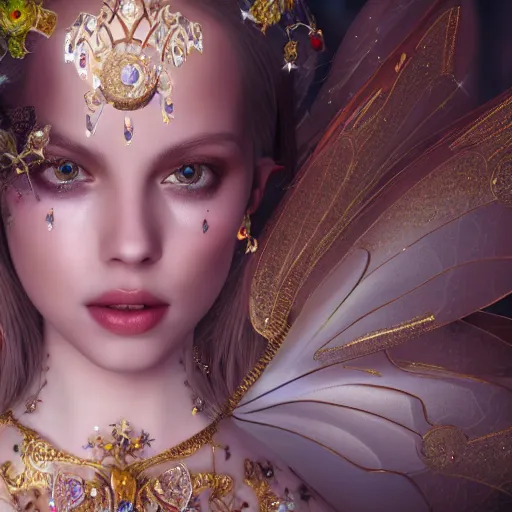 Image similar to portrait of fairy princess, glowing, ornate and intricate jewelry, jaw dropping beauty, glowing background lighting, white accent lighting, hyper detailed, fairy tale, 4 k octane render