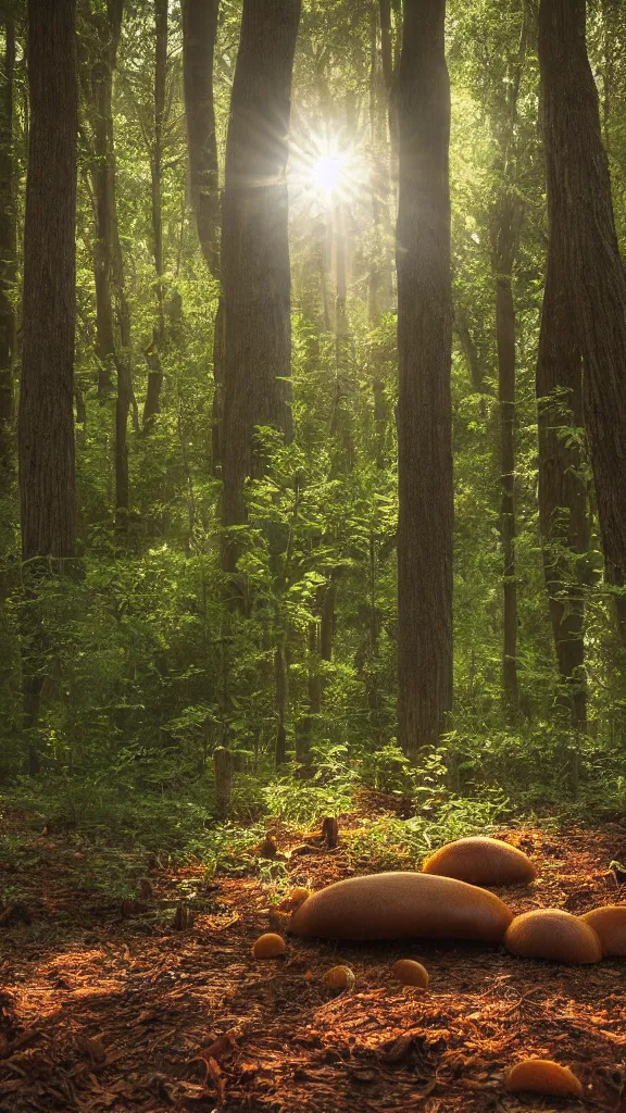Prompt: photo of the forest, the sun through the foliage, a lot of porcini mushrooms, cinematic lighting, highly detailed