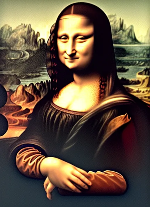 Image similar to oil painting of Mona Lisa holding up an iPhone to take a selfie by Leonardo Da Vinci