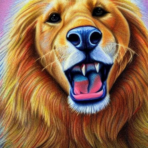 Prompt: finished drawing of a golden retriever lion, crayons. high details, cubic, artstation trending