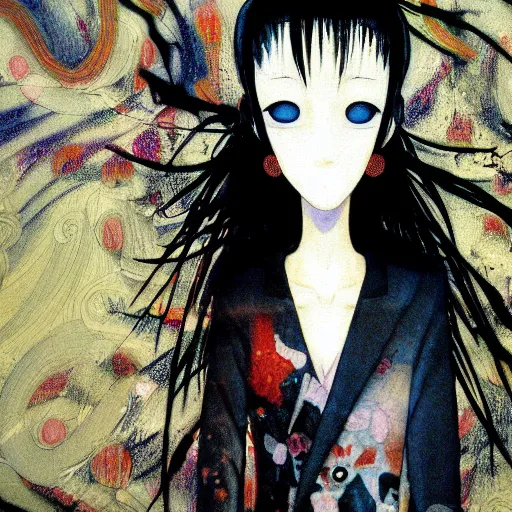 Image similar to yoshitaka amano blurred and dreamy realistic illustration of a woman with black eyes and white hair wearing dress suit with tie, junji ito abstract patterns in the background, satoshi kon anime, noisy film grain effect, highly detailed, renaissance oil painting, weird portrait angle, blurred lost edges, three quarter view