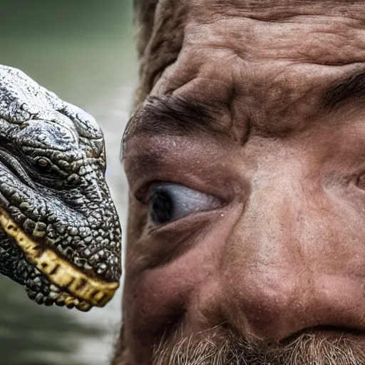 Image similar to man's face with clocks covering his eyes, looking at the camera walking near lake with crocodiles, high detail, soft lighting, intricate, 8 k