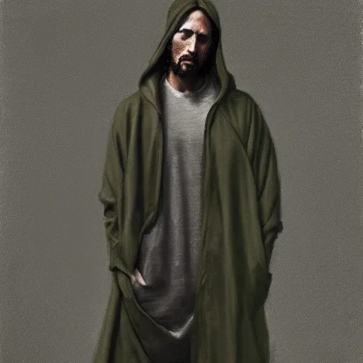 Image similar to a full body lookbook portrait of modern - day jesus wearing olive green yeezy menswear collection by nicola samori, hat and hoodie, detailed, oil painting, hyper realistic, 8 k, yeezy collection