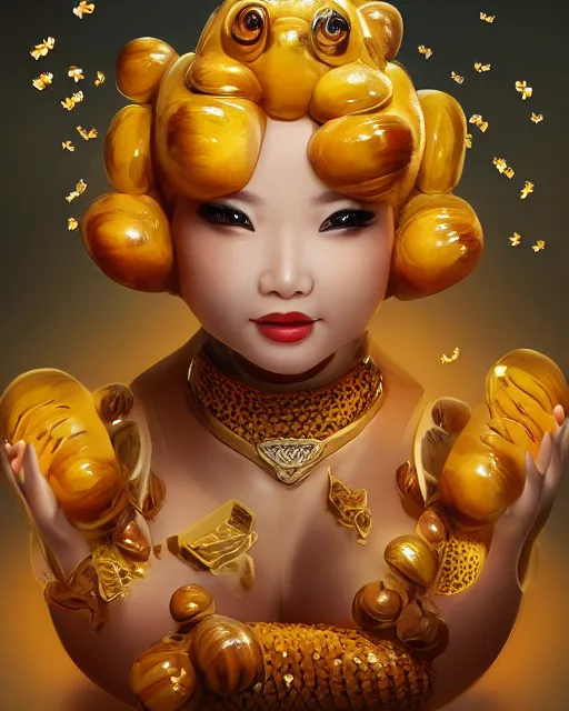 Prompt: beautiful xi jinping as honey, made of honey, wearing honey - themed miniskirt, award winning creature portrait photography, extremely detailed, artstation, 8 k, sensual lighting, incredible art, wlop, artgerm, backlit, rim lighting, hi - fructose