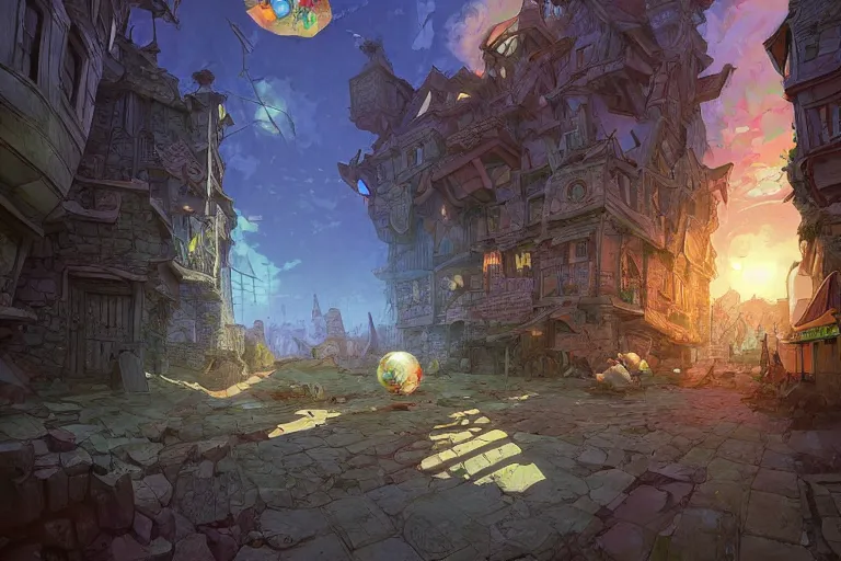 Image similar to one point perspective fantasy triangular orb village street view by artgerm and Craig Mullins, James Jean, Andrey Ryabovichev, Mark Simonetti and Peter Morbacher 16k