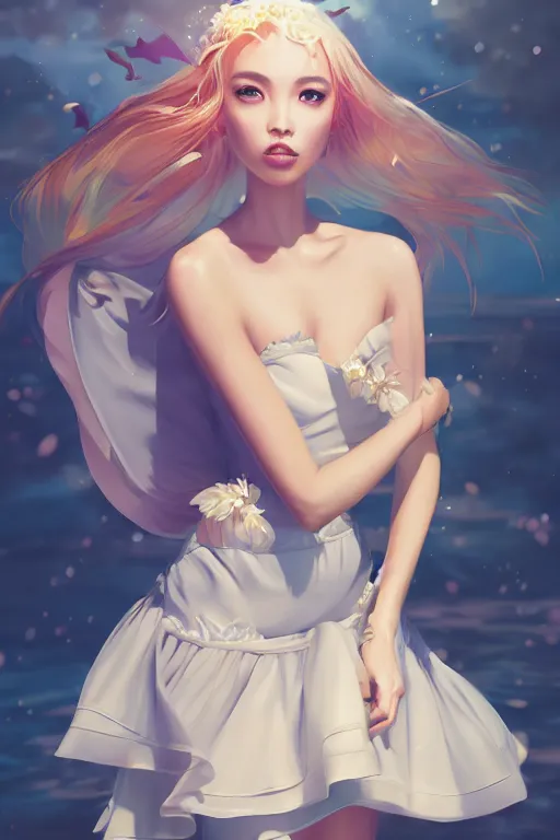 Image similar to a beautiful fashion goddness of love, chic strapless dress, tropical sea background, character design, in the style of artgerm, and wlop, cinematic lighting, hyperdetailed, 8 k realistic, symmetrical, global illumination, radiant light, frostbite 3 engine, cryengine, dof, trending on artstation, digital art