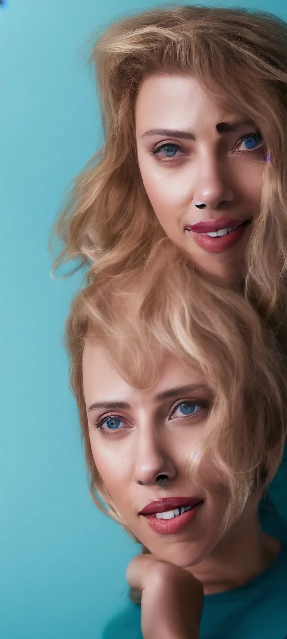 Image similar to portrait photo of smiling woman, photo of Scarlett Johansson:: symmetric face, symmetric eyes, slight smile, photo by Annie Leibovitz, 85mm, teal studio backdrop, Getty images