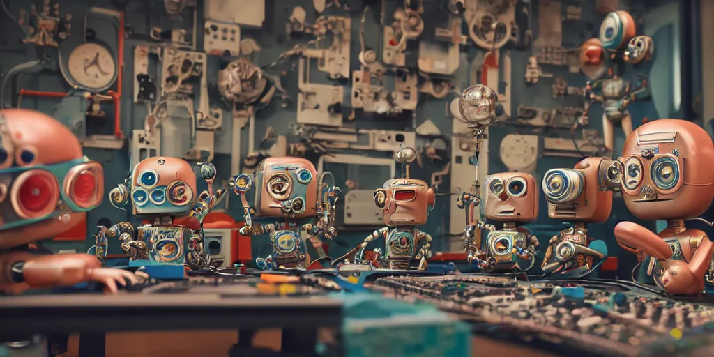 Prompt: closeup portrait of tin toy retro robots team programming in a computer lab, depth of field, zeiss lens, detailed, centered, fashion photoshoot, by nicoletta ceccoli, mark ryden, lostfish, breathtaking, 8 k resolution, extremely detailed, beautiful, establishing shot, artistic, hyperrealistic, octane render